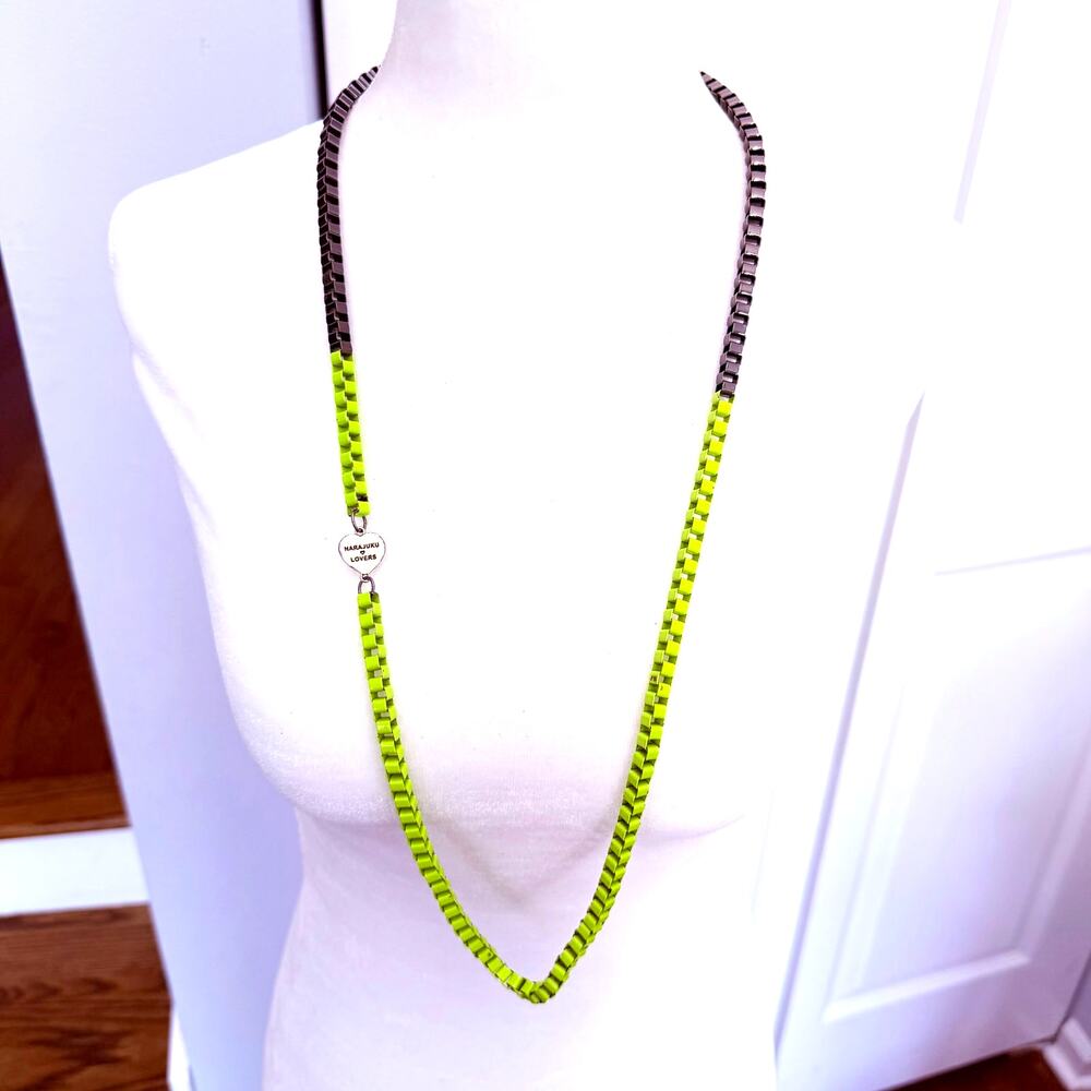 Harajuku Lovers Rare Neon Yellow and Black Chain Heart Charm Necklace